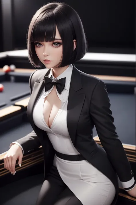 best quality, 32k, original photo, Ridiculous, Extremely detailed, Delicate texture, Sexy Beauty Bob Hairstyle and Bangs, Gorgeous makeup, Black suit, White shirt, Long black tie, Movie Scenes, Background Casino, billiards