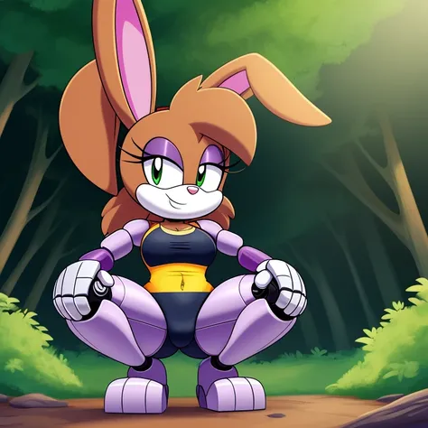 Bunnie Rabbot from Sonic Satam, wearing purple one piece swimsuit, wearing black shorts, brown fur, one robotic leg, thick thighs, beautiful limbs, squatting down in forest, high quality, Dan Haskett Character Design style,