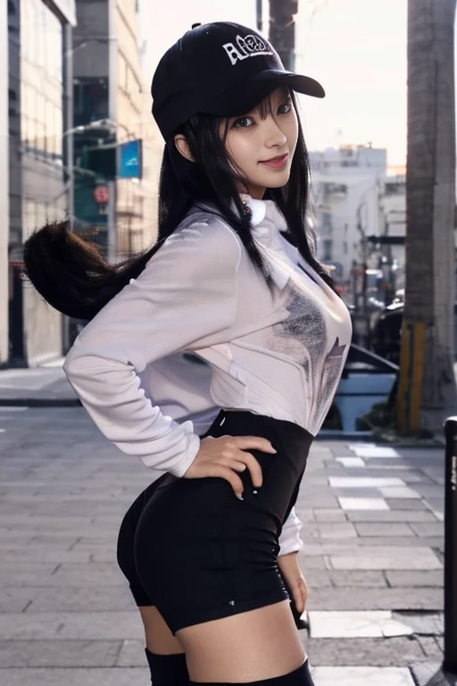 Japanese women、young woman、cute、beauty、A calm face、Climbing the stairs at the station、Back view、Half Body、Look back here、Overlooking here、Long black hair、(He wears a tight fitting black baseball cap:1.5)、(Tight shorts、Black hot pants:1.6)、I can see your th...