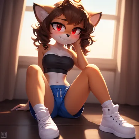 mobian, hedgehog, two-tone fur ((orange fur, brown fur)), pyjama elastic shorts, strapless crop top, cleavage, high-top sneakers, two-tone hair (brown hair, black tip)), curly hair, halo, sunglasses, jewelry, red eyes, longeyelashes, red eyes, smile, shy, ...