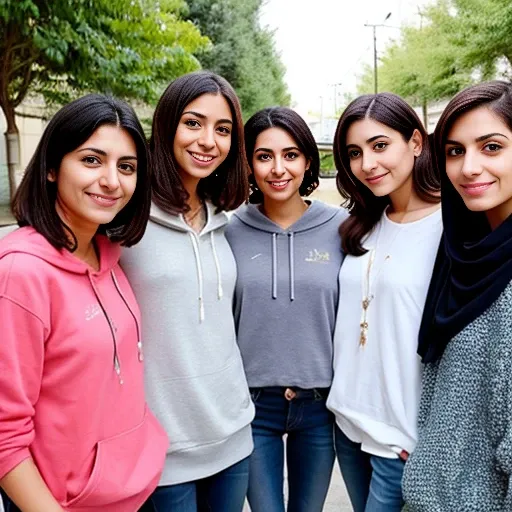 group of beautiful lebanese Woman gathered with short hair and in sweatshirts, focus on faces