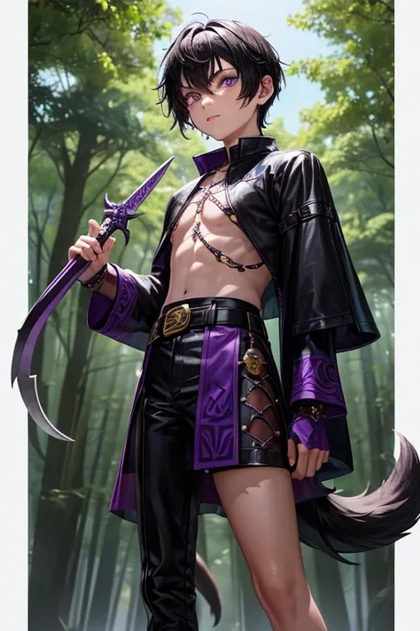 5 year old semi human beast boy with short black hair, peinado desorenado con orejas de lobo en la cabeza ,  medieval purple hunter clothing purple eyes holding a dagger brown shoes brown leather belt jade ornaments black wolf tail in forest background wit...