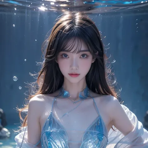 Best quality，masterpiece，Ultra-high resolution，Clear face,（Reality：1.4），RAW photos，Cold Light，Woman wearing transparent clothes underwater，Full body image，Wallpaper Anime Blue Water，Gouvez-style artwork，closeup fantasy with water magic，A beautiful artistic...