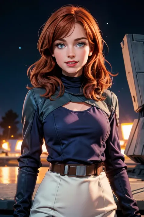 une femme de 25 ans, rousse, sexy, romantic smile, hd, 8k, masterpiece, a lot of details, star war, soldat de l'empire, armure b...