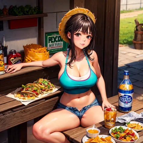 Mexican woman eating tacos, Mexican food stall tortillas and nachos　Tight tank top and hot pants　highest quality　Tequila and Corona beer on the table　String Panties