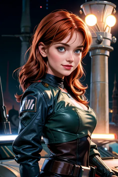 une femme de 25 ans, rousse, sexy, romantic smile, hd, 8k, masterpiece, a lot of details, star war, soldat de l'empire, armure b...