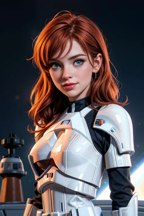 une femme de 25 ans, rousse, sexy, romantic smile, hd, 8k, masterpiece, a lot of details, star war, storm trooper, soldat de l'e...