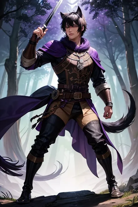 30 year old beast semi human man with short black hair, peinado desorenado con orejas de lobo en la cabeza ,  Medieval purple hunter clothing purple eyes holding a sword brown shoes brown leather belt jade ornaments black wolf tail in forest background wit...