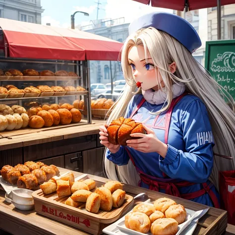 Woman eating borsch and pirozhki at a Russian street food stall　Tight clothing