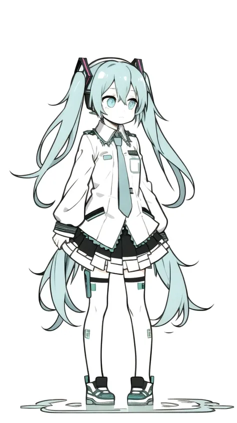 best quality, chibi, 1 girl,  miku, hatsune miku, (full body), pure white background,vivid,clearly,sad face,rain,walking,snow