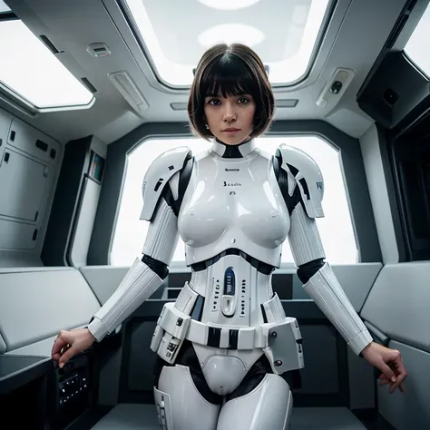 lora:StormTrooper:1> StormTrooper, armor, inside the spaceship, absurdres, ultra detailed, masterpiece, best quality, aesthetic, detailed, solo, soft smile, light smile, 1girl, blue eyes, short hair, black hair, bangs, medium breasts,