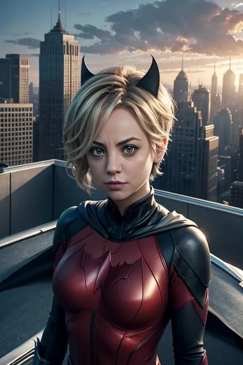 Kaley Cuoco as Batwoman, short pixie hair, in roof of building