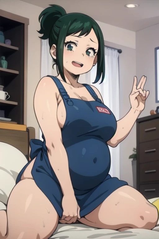 best quality, masterpiece, portrait, 
1girl, midoriya inko, green hair,  short hair, short ponytail, green eyes, large breasts, naked breasts, curvy, plump body, plump stomach, apron, indoors, bedroom, looking at viewer, smile, grab breasts, sexy smile, we...