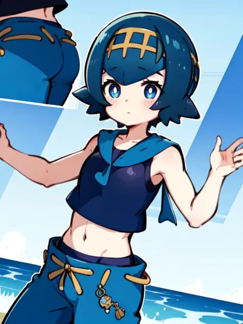 high saturation, high quality, masterpiece, big , pkmnLana, white pupils, headband, blue sailor collar, sleeveless white shirt, swimsuit under clothes, blue pants