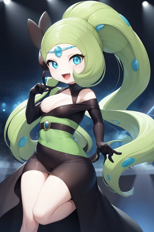 1girl, meloetta, pokemon (creature), mobface, blue eyes, chibi, :D, full body, black dress, green waist, concert stage, singing, dancing