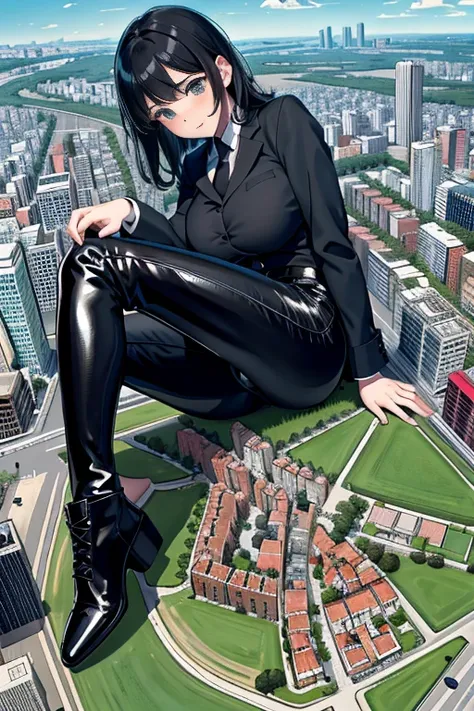 citymap, giantess art, a hyperrealistic , highly detailed giantess shot, der riese, blackhair, giantess wearing black latex pant...