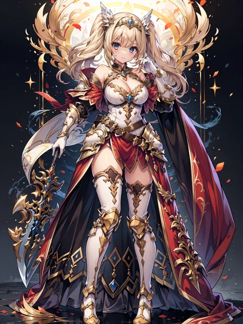 masterpiece, best quality, high resolution, extremely detailed CG, absurdres, full body, 1girl, a girl in armor and tiara holding a large sword, white armor, golden decoration, red_outfit, off-shoulder, thighhighs, long hair with twintails, blond hair, leg...