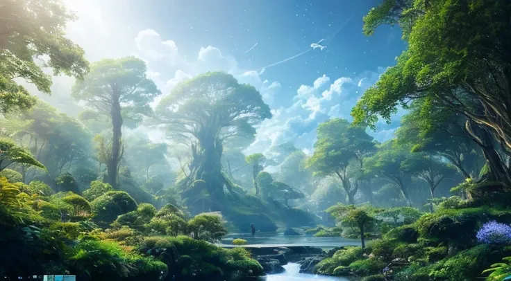 Hyperrealistic illustrations , Otherworldly, Ultra-aerial scene featuring the entire body of a giant crystal tree,Very detailed and magical lighting, Intricate forest details, Surrounding vegetation and river, Solarpunk ,landscape, Giant Tree, Beautiful fo...