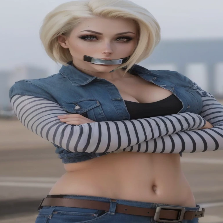 blonde woman with fake tongue and mouth glued to her chest, android 18, Black Jessica, Black Jessica face!!, parecendo a Annie Leonhart, inspirado em Eve Ryder, Chloe Price de Life is Strange, foto de alta qualidade, 2b, 2b, Pose casual, cabos em seu corpo...