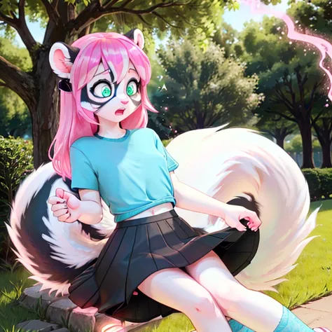 Shocked slim female skunk with long Pink hairs with Blue Highlights and glowing Green eyes wearing gray skirt and dark Blue top looking at herself there are some traces of Pink magic floating around her she is in the park