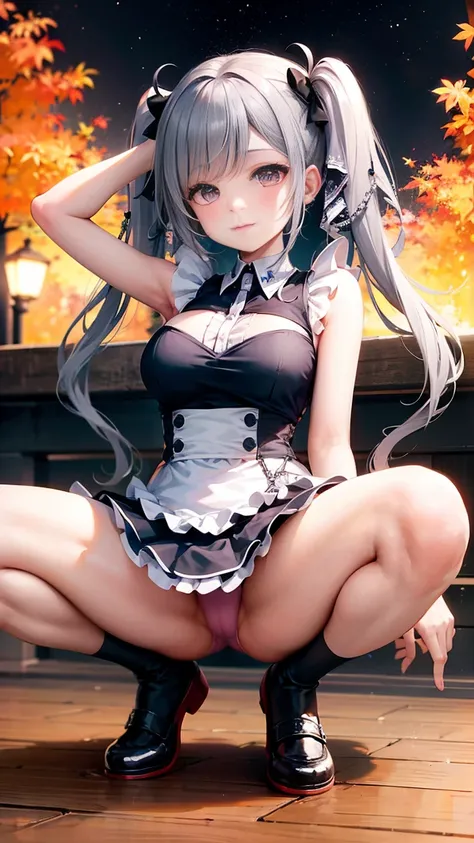 (BESTquality:1.2),(Super Resolution),(Cute Women),(Frilled Skirt),(Thin suspenders),(garter belt),(White knee socks),(DOUBLE hand behind head:1.3),(Photo session with dynamic poses with legs spread wide),(Maid Idol:1.3),(Public broadcast of squats:1.5),(Sh...