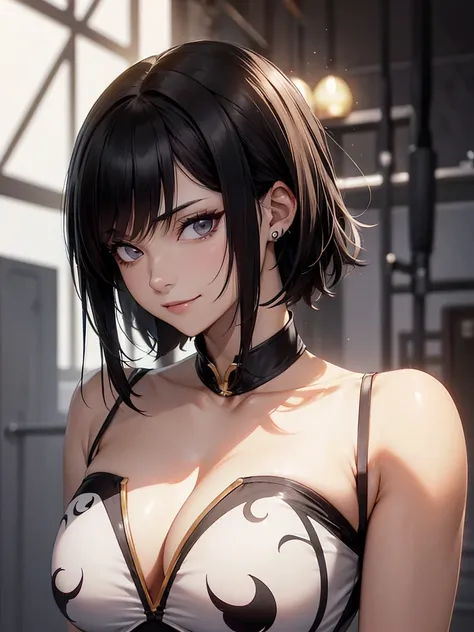 belo corpo,mulher jovem,short black hair , badass , colan,May,coxas torneadas,Evil Smile,juri han,chifres de cabelo,detalhes do corpo,low yellow lighting,raios de luz belo corpo detalhado
