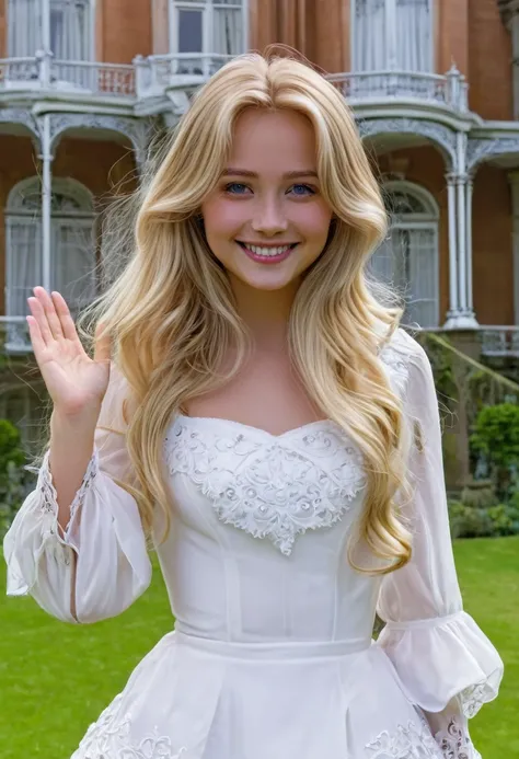 A girl with long blonde hair, elegant and sexy, waving with a tender smile, standing in front of a Victorian mansion 