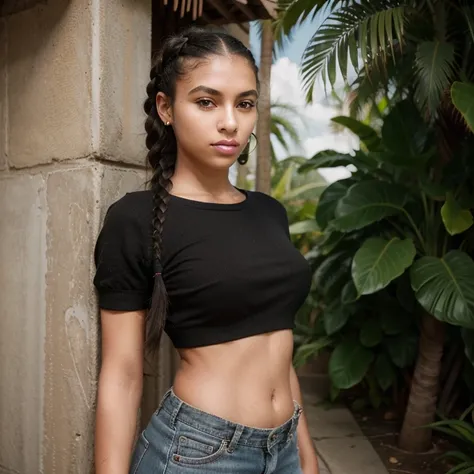 Theres a woman with braids posing for a photo, jovem mulher negra, mulher jovem negra, adolescente negra, she is wearing a black blouse, com pele parda, pele negra!!!, foto de uma mulher negra, usando uma regata cropped preta,  negra, pele escura, tiradas ...