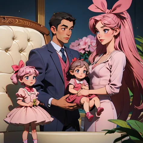 There a family sitting on a couch. A father whos wearing a formal shirt, and a mother whos wearing a beautiful dress. Their teenager daughter is wearing beautiful pink dress and a very cute shoes with ribbon. They have chinky eyes,  high and small nose and...