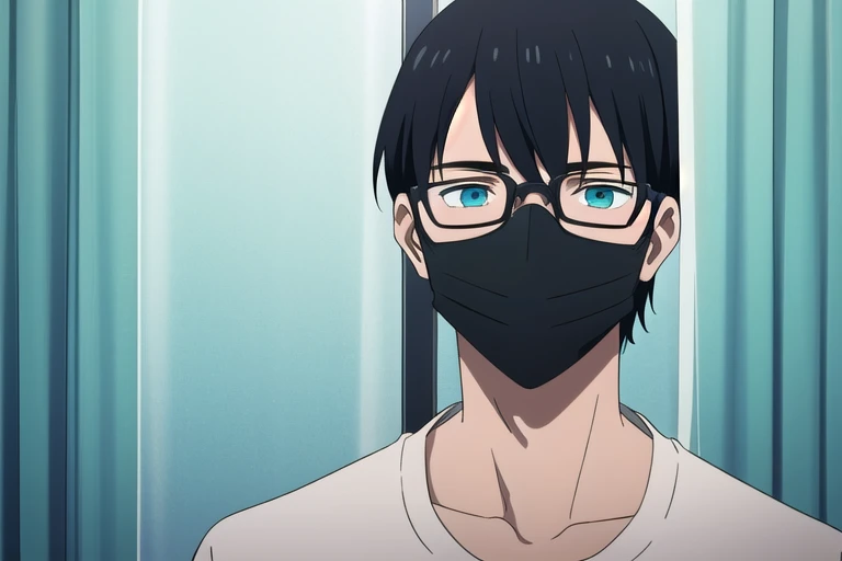 male, black hair, curtained hair, mask, bespectacled, aqua eyes