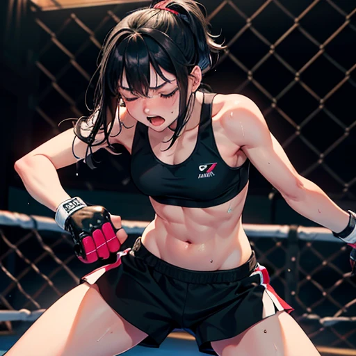 Cute high school girl, slender body, cornered in a mixed martial arts ring, being punched by an opposing female fighter, twisting, eyes closed, face turned away, arms protecting face. Distressing situation, very sweaty, out of breath, short black hair, poo...