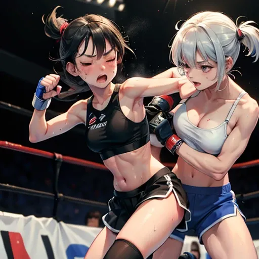 Cute high school girl, slender body, cornered in a mixed martial arts ring, being punched by an opposing female fighter, twisting, eyes closed, face turned away, arms protecting face. Distressing situation, very sweaty, out of breath, short black hair, poo...