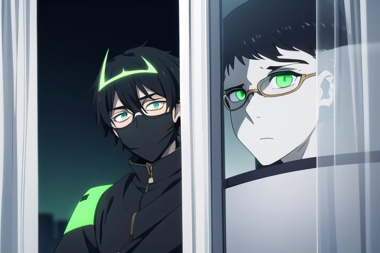 male, black hair, curtained hair, mask, bespectacled, glowing eyes, green eyes, sobretudo preto, black sky
