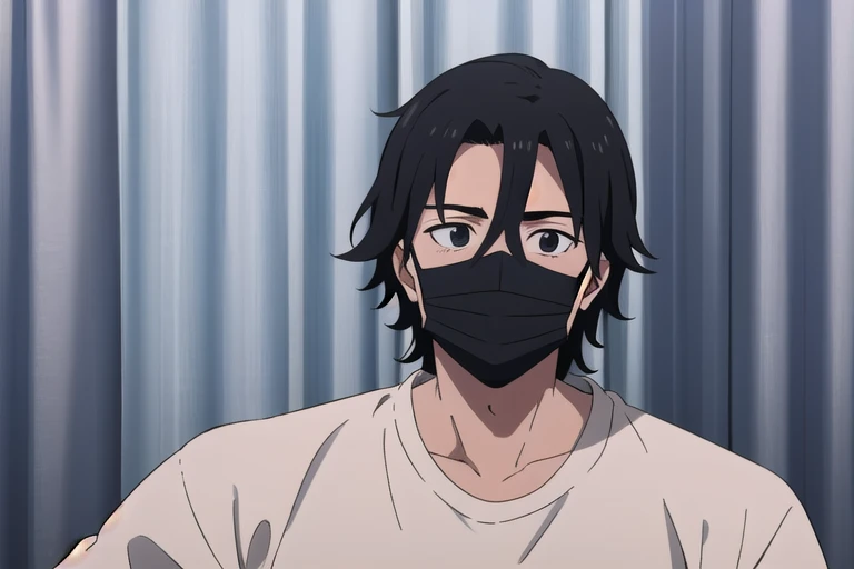 male, black hair, curtained hair, mask, sobretudo preto, black eyes