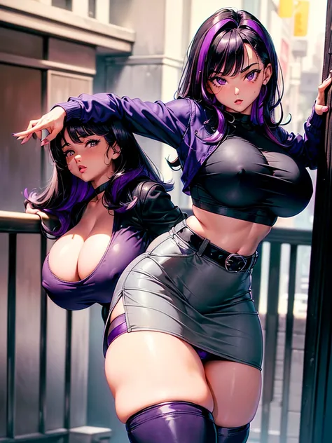 1990s, (masterpiece), high-definition, detailed face, cute girl, thick body, (big tits: 1.4) big hips, round ass, (black hair with dark purple highlights: 1.4), (tight grey t-shirt: 1.4), (black jacket: 1.4), (purple tight skirt: 1.3), belt, (black thong: ...