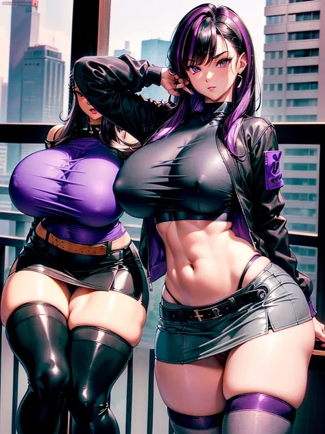 1990s, (masterpiece), high-definition, detailed face, cute girl, thick body, (big tits: 1.4) big hips, round ass, (black hair with dark purple highlights: 1.4), (tight grey t-shirt: 1.4), (black jacket: 1.4), (purple tight skirt: 1.3), belt, (black thong: ...