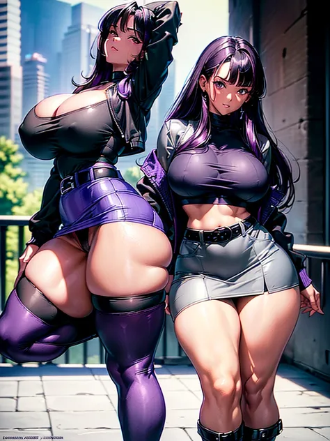 1990s, (masterpiece), high-definition, detailed face, cute girl, thick body, (big tits: 1.4) big hips, round ass, (black hair with dark purple highlights: 1.4), (tight grey t-shirt: 1.4), (black jacket: 1.4), (purple tight skirt: 1.3), belt, (black thong: ...