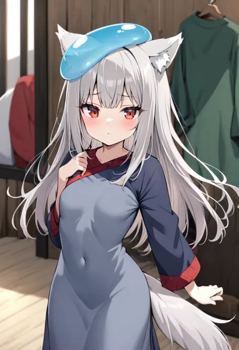 Solo female, teen girl, beautiful long grey hair, two grey wolf ears on her head, slime body frame, merchant clothes, beautiful red eyes, grey wolf tail with a white tip, beautiful face