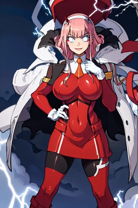 masterpiece, best quality, IncrsLowTier, electricity, glowing eyes zerotwo horns, hairband, necktie, red dress, pantyhose horns, hairband, red bodysuit, armlet, mecha horns, hairband, white bodysuit, white gloves, cap, red dress, white gloves, jacket on sh...