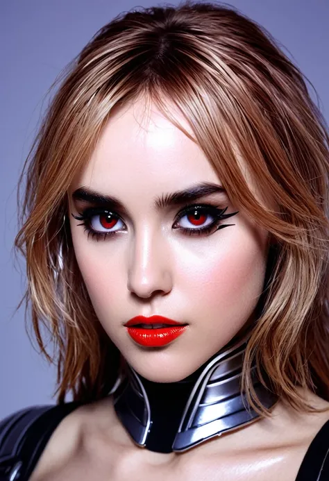 The robotic girl. Suki Waterhouse. Lexx, Galaxina, Mass Effect, Metropolis. is entirely made of plastic and aluminum. unhuman robotic face. unhuman look. identical unhuman optical eyes. the face is made of polished aluminum and red  plastic. very sexy. mec...