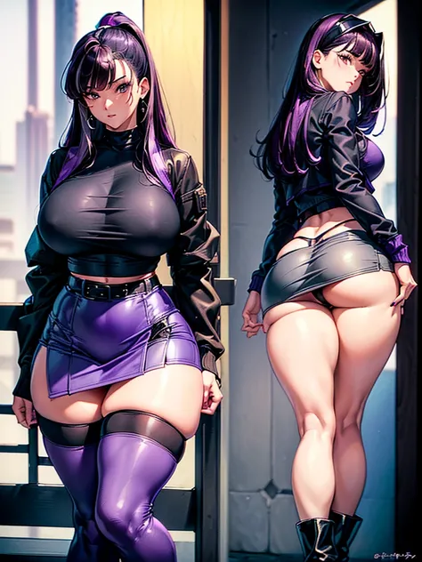 1990s, (masterpiece), high-definition, detailed face, cute girl, thick body, (big tits: 1.4) big hips, round ass, (black hair with dark purple highlights: 1.4), (tight grey t-shirt: 1.4), (black jacket: 1.4), (purple tight skirt: 1.3), belt, (black thong: ...