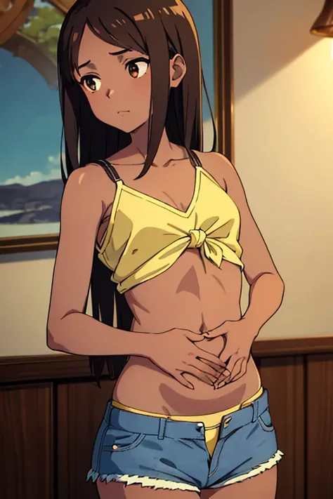 ((best quality)), ((masterpiece)), (detailed), perfect face, brown skin anime girl in a deep V-neck tied top (bare shoulders), (jean shorts), pressing her belly with her hands, starving, (hands on her stomach), (flat stomach)