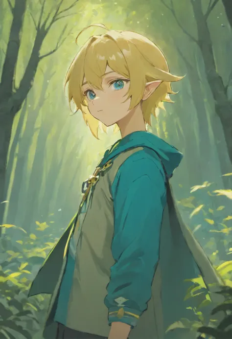 Blond elf boy in blue combat uniform，Breath of the Wild Link，A dark grey cape，Forest background，high resolution（2：1），Cinematic lighting，Boy standing in the forest，Tyndall phenomenon