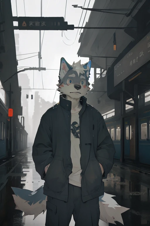 by zixiong, From milkytiger1145,
external, TRAIN STATION, 
best quality, masterpiece,
anthropology, Solitary, male, canine, Wolf, 
Loose clothing, Moderate, Bright Eyes,
Water Drop, Gray sky, rain, FOG,