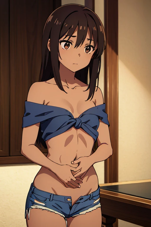 ((best quality)), ((masterpiece)), (detailed), perfect face, medium brown skin anime girl in a deep V-neck tied top (bare shoulders), (jean shorts), starving, (hands on her stomach), (flat stomach)