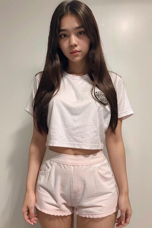 medium:illustration,beautiful detailed eyes and face,long hair style,perfect face,Thai girl,16 years old,soft pink lips, white shirt bottoms down, Black shorts skirt, full body
