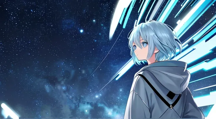 girl　Light blue hair　blue eyes　A back view of a man wearing a grey hoodie looking up at the night sky　Reminiscent of outer space