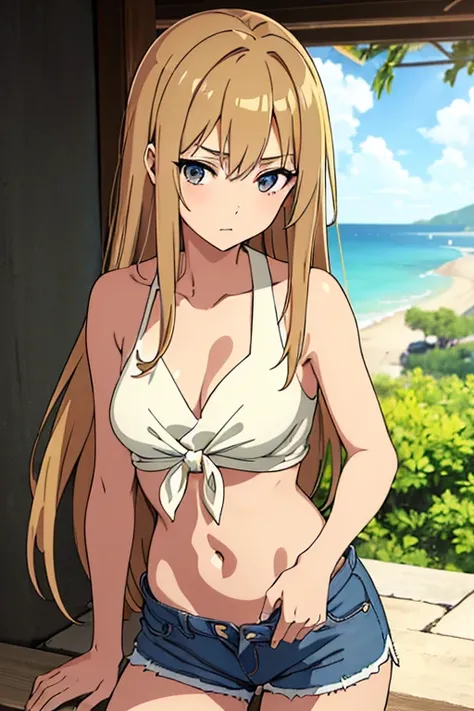 ((best quality)), ((masterpiece)), (detailed), perfect face, 25-year-old tan skinned  anime girl in a deep V-neck tied top (bare shoulders), (jean shorts), (long hair), starving, (resting hands on the stomach), (hands on the stomach), (skinny girl), (looki...