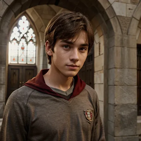 handsome 20 year old boy wearing gryffindor tunic uniform, outside hogwarts, light brown hair, brown eyes, slim, tall, freckles
