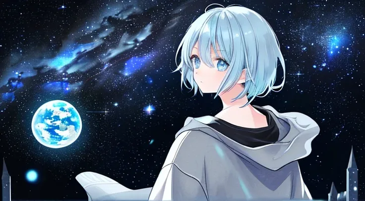 girl　Light blue hair　blue eyes　A back view of a man wearing a grey sweatshirt looking up at the night sky　Reminiscent of outer space　Floating planet